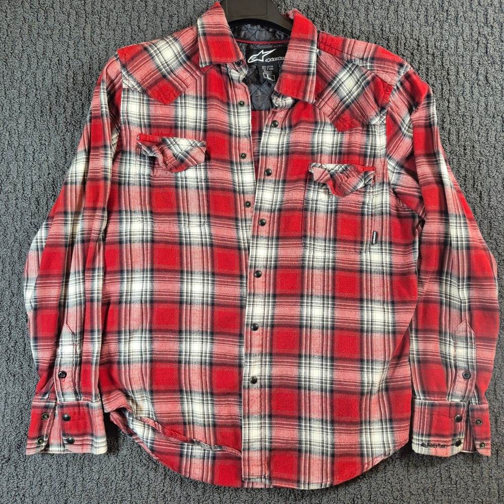 Alpinestars Mens L Red Plaid Flannel Shirt Quilted Lined Western Snap Moto